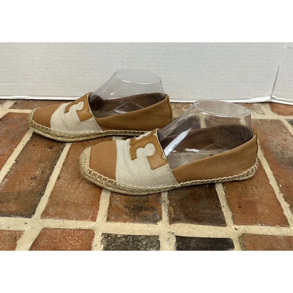 Tory Burch Espadrille Flats‎ Tan & Cream Canvas Slip-On Shoes Size 8 M